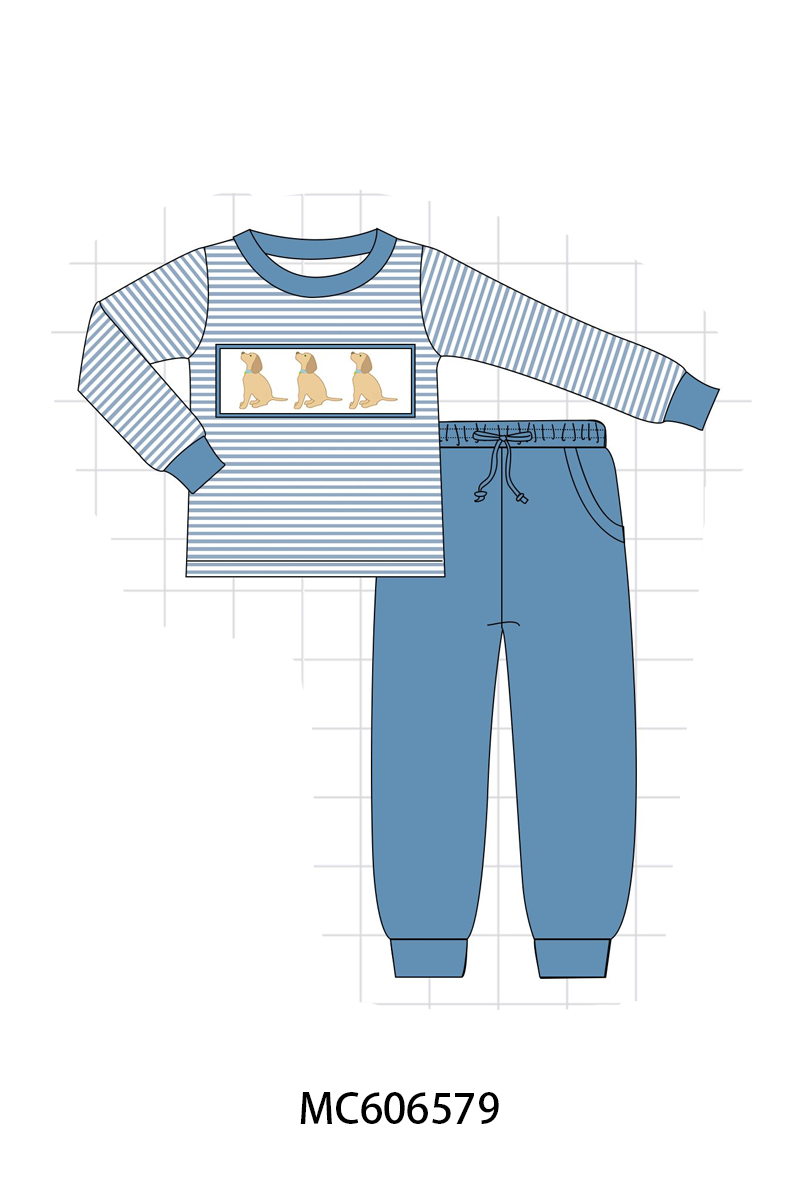 PO96 Blue gray farm embroidery stripe collection
