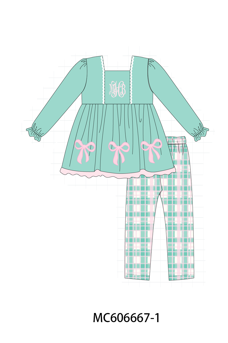 PO96 Green bow monogram embroidery plaid collection