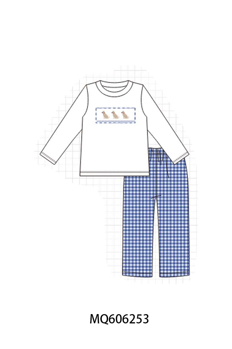 PO97 Blue puppy embroidery gingham collection