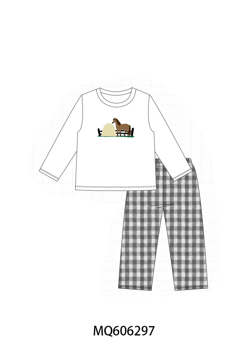 PO97 Grey horse embroidery gingham collection