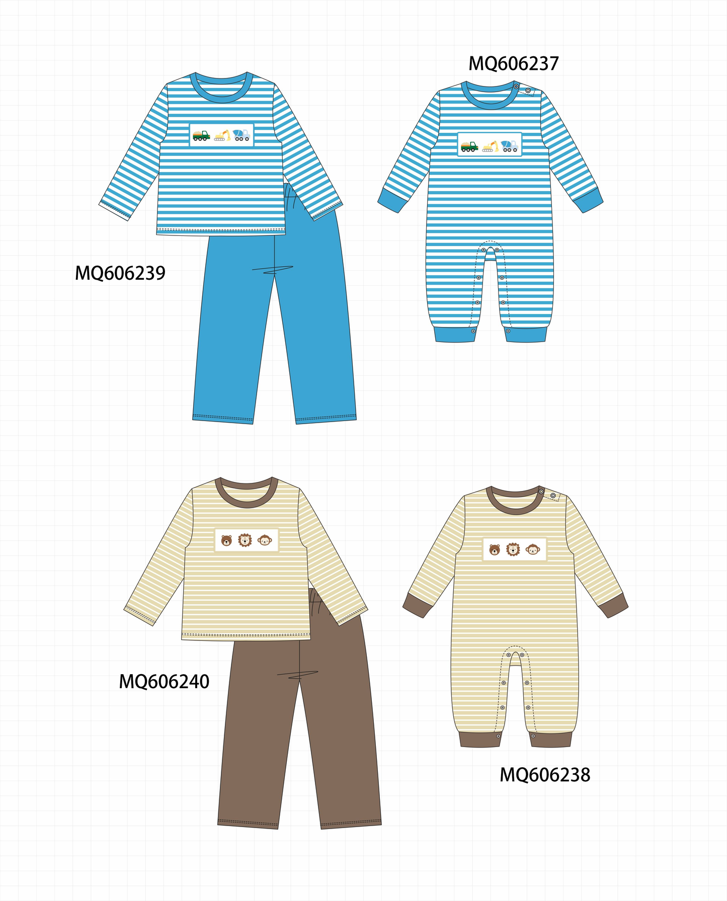 PO97 Blue&khaki excavator animal embroidery stripe collection