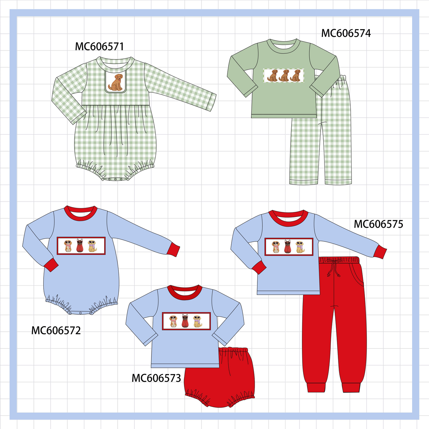 PO96 Blue&sage puppy embroidery collection