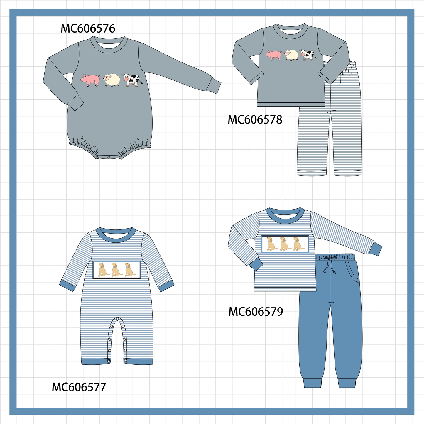 PO96 Blue gray farm embroidery stripe collection