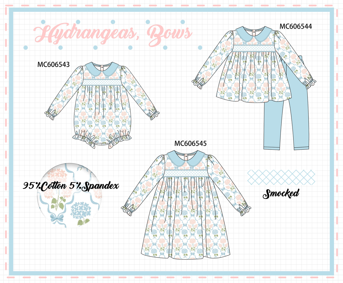 PO96 Blue hydrandeas bow smocked collection