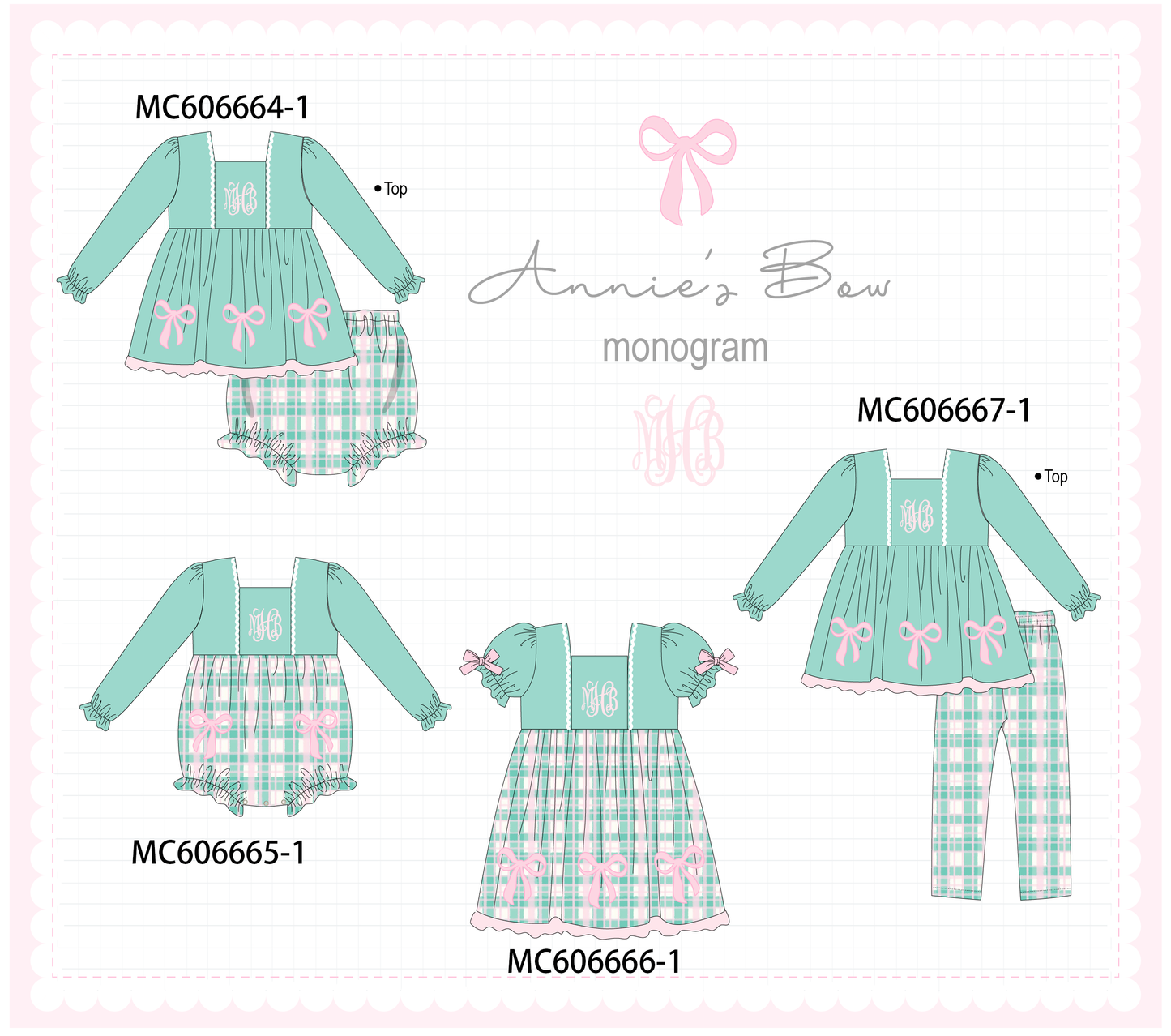 PO96 Green bow monogram embroidery plaid collection