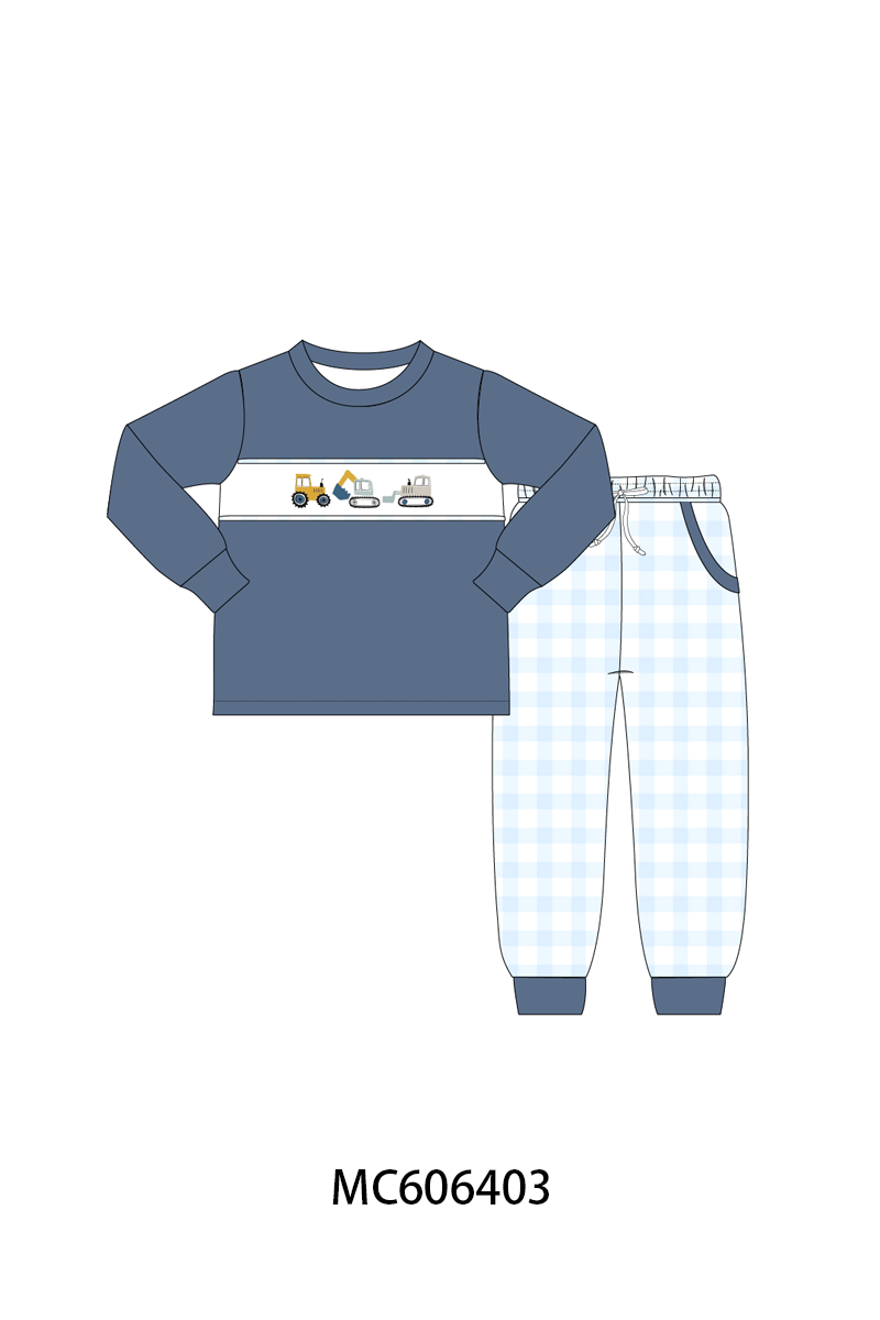 PO96 Navy digger excavator embroidery gingham boy collection