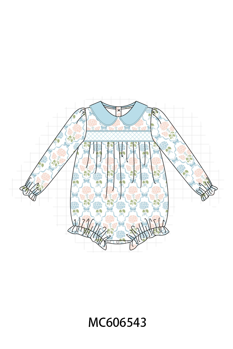 PO96 Blue hydrandeas bow smocked collection