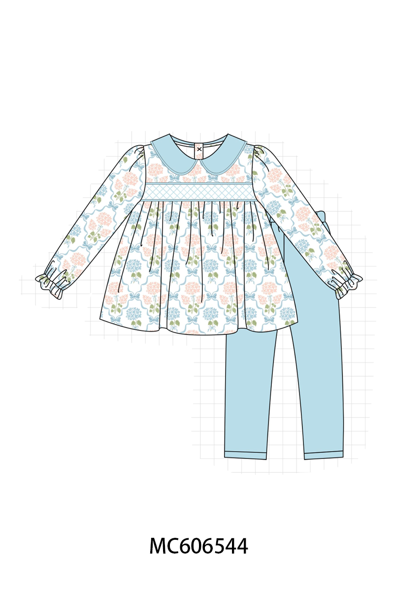 PO96 Blue hydrandeas bow smocked collection