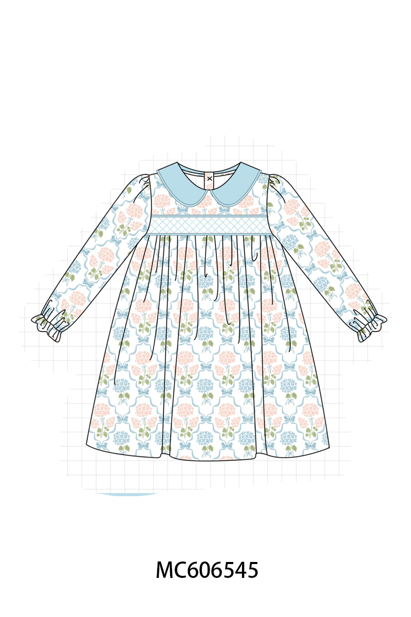 PO96 Blue hydrandeas bow smocked collection