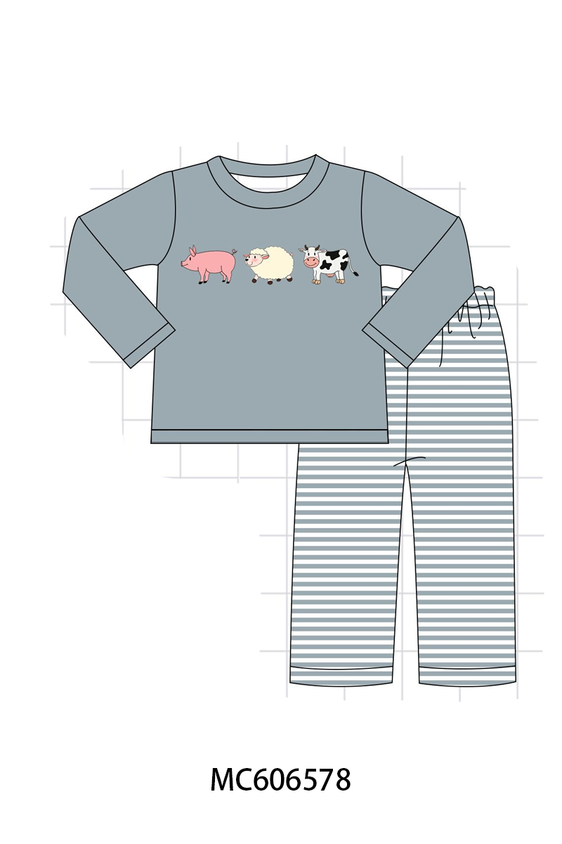 PO96 Blue gray farm embroidery stripe collection