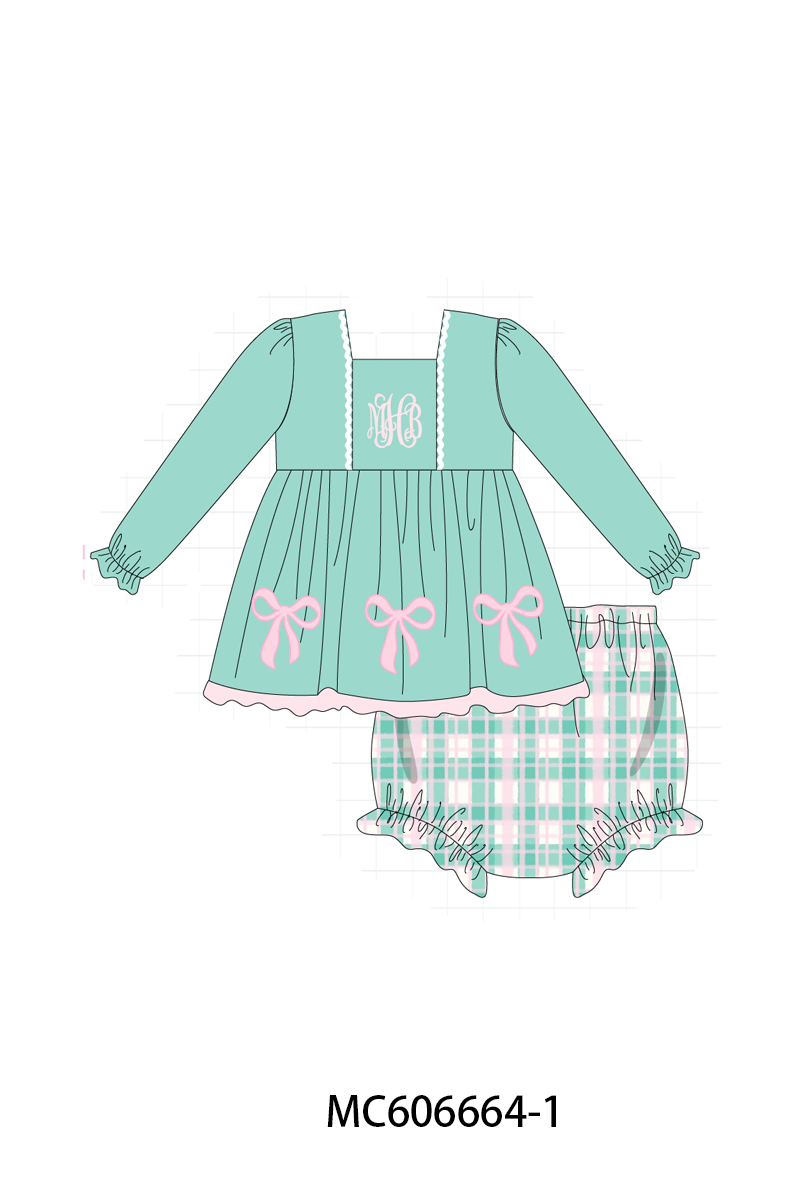PO96 Green bow monogram embroidery plaid collection