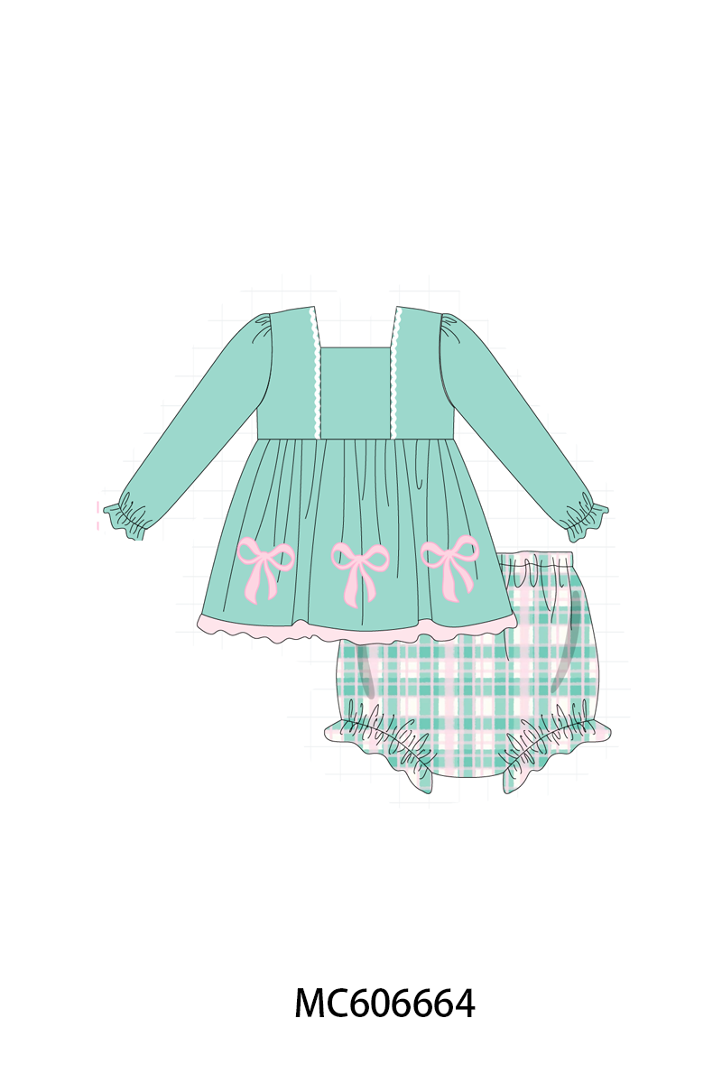 PO96 Green bow embroidery plaid collection