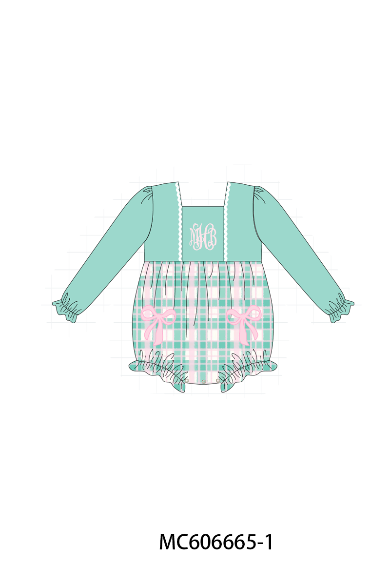 PO96 Green bow monogram embroidery plaid collection