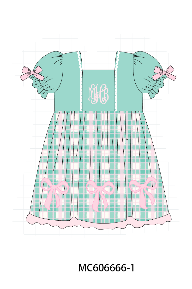 PO96 Green bow monogram embroidery plaid collection