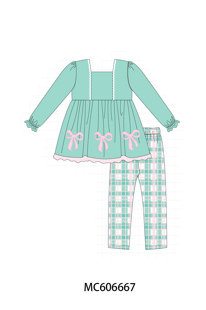 PO96 Green bow embroidery plaid collection