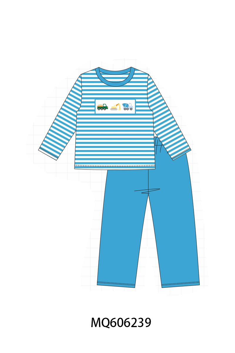 PO97 Blue&khaki excavator animal embroidery stripe collection