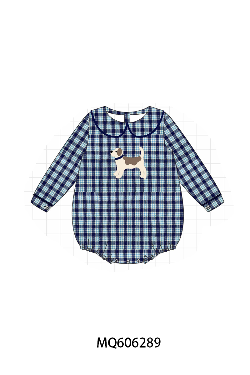 PO97 Navy plaid puppy applique collection