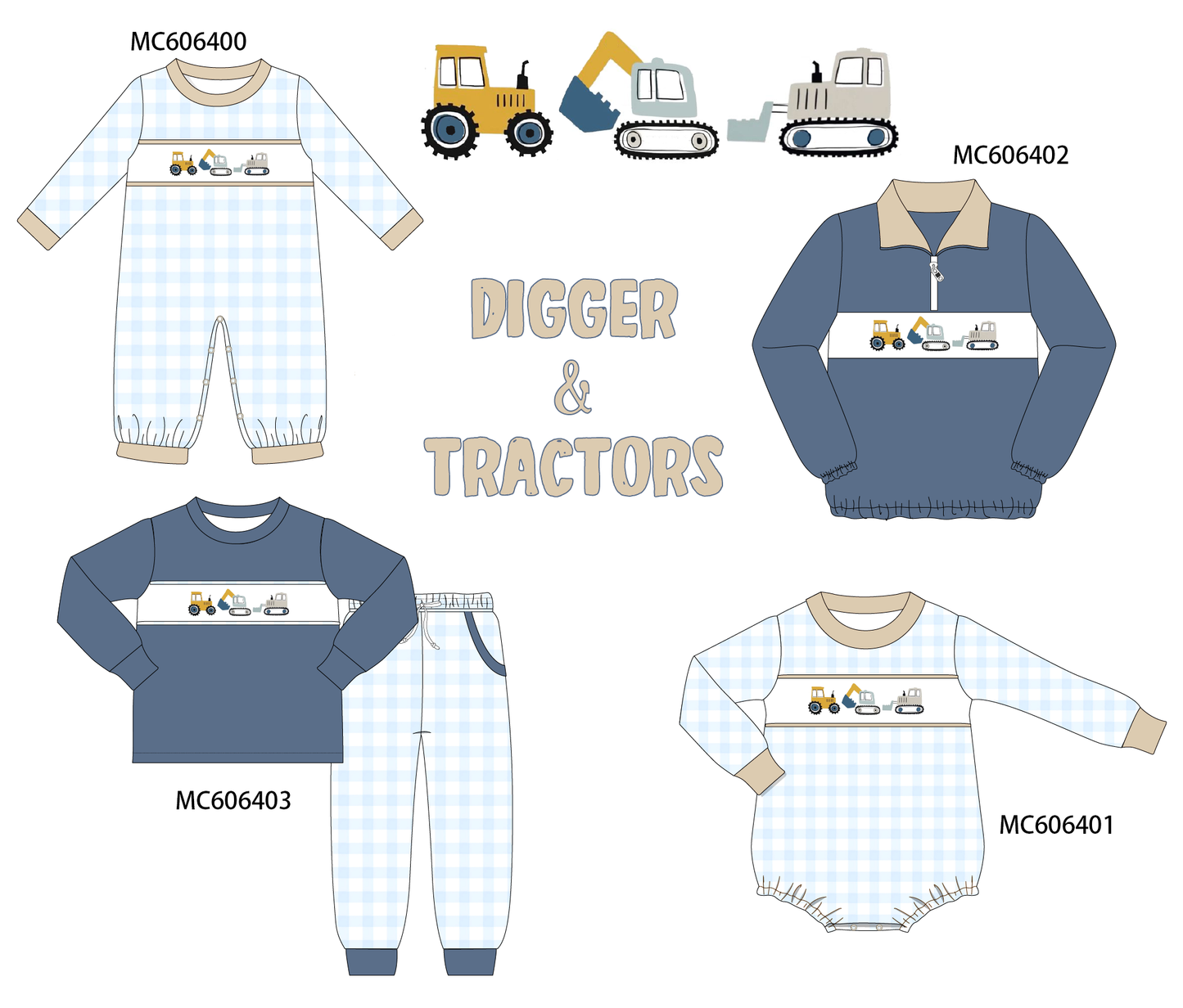 PO96 Navy digger excavator embroidery gingham boy collection