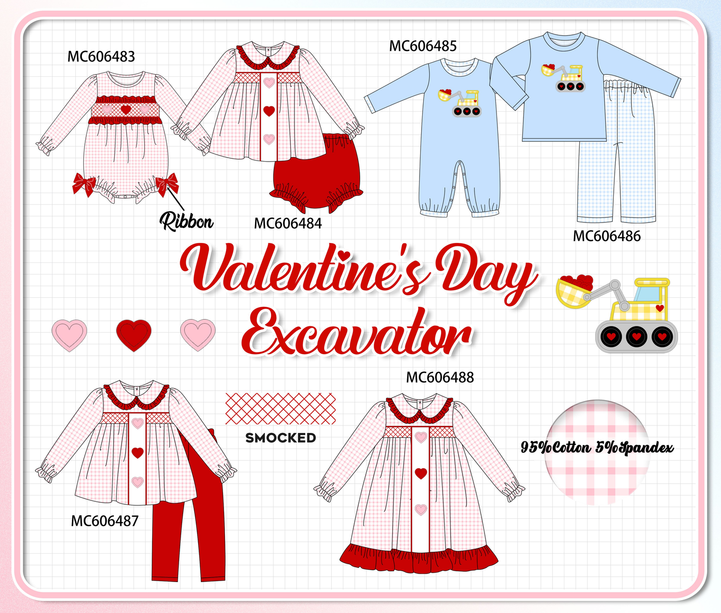 PO96 Red&blue heart excavator smocked collection